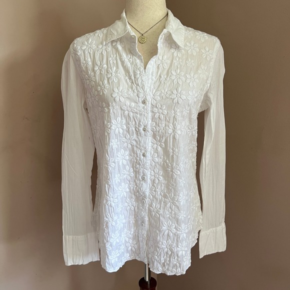 Cino Tops - Cino White Embroidered Cotton Button Down Blouse Small Boho Floral Coastal Top